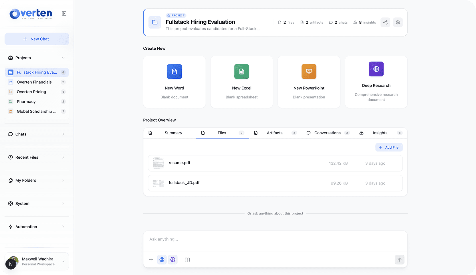 Overten project workspace showing uploaded files
